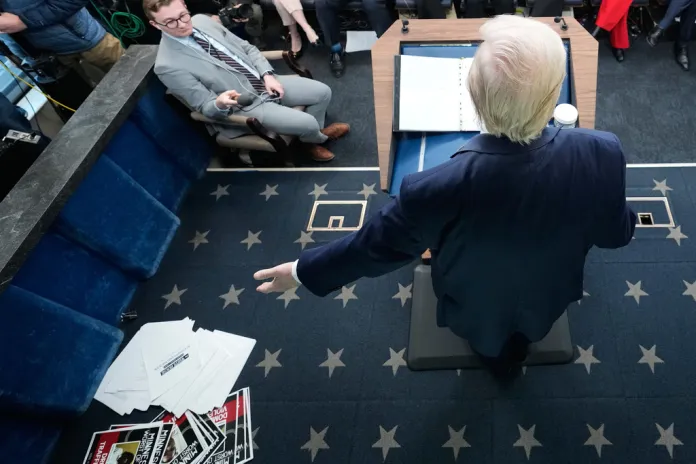 President Donald Trump joined reporters for a meandering, nearly two-hour-long press briefing Tuesday, where he commemorated completing one year back in office and vented that voters aren’t appreciating his economic accomplishments. (AP Photo/Mark Schiefelbein)