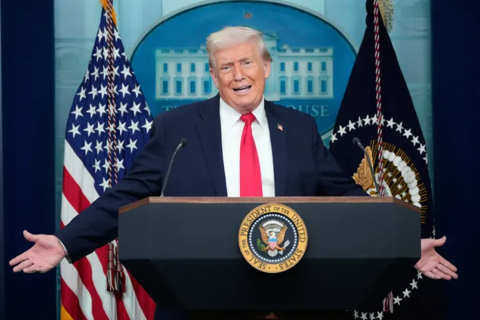 President Donald Trump speaks during a press briefing at the White House in Washington, Tuesday, Jan. 20, 2026.