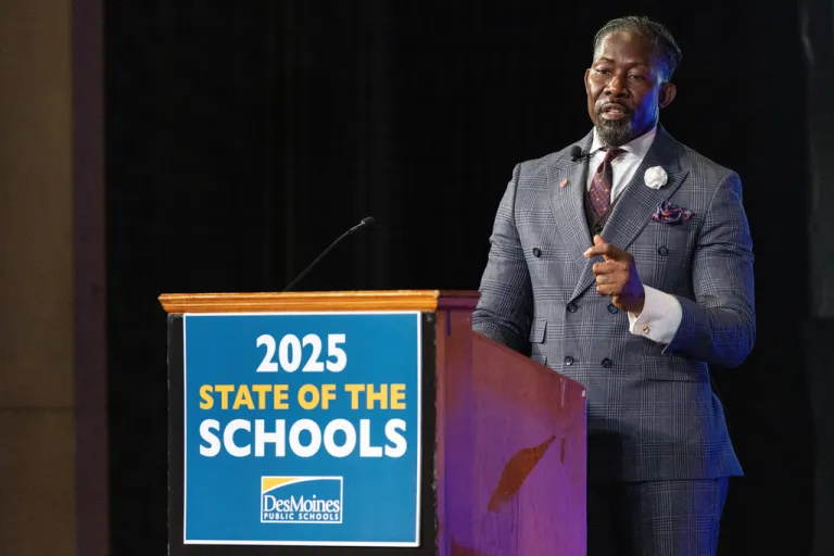 Ian Roberts, superintendent of Des Moines Public Schools, delivers an annual address at North High School in Des Moines, Iowa, Feb. 11, 2025.