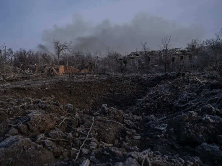 Craters and ruined houses near the front line in the Druzhkivka direction, Donetsk region, Ukraine.