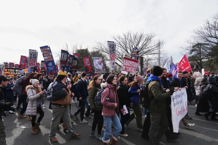 Anti-abortion demonstrators walk to the Supreme Court during the annual March for Life, Friday, Jan. 23, 2026, in Washington.
