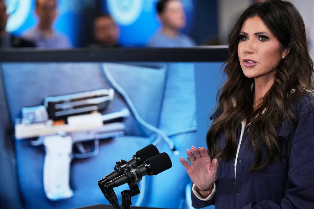 Homeland Security Secretary Kristi Noem speaks during a news conference at Federal Emergency Management Agency headquarters