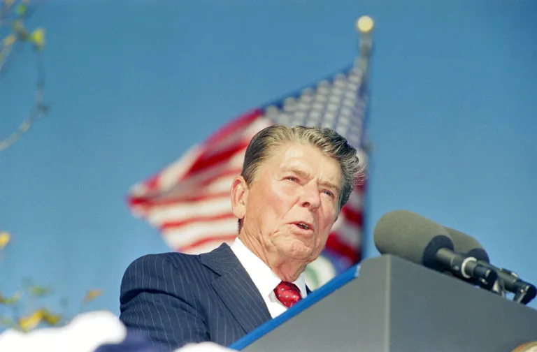 President Ronald Reagan addresses guests and well-wishers at the dedication ceremony of the Ronald Regan Presidential Library in Simi Valley, California on Monday, Nov. 5, 1991.