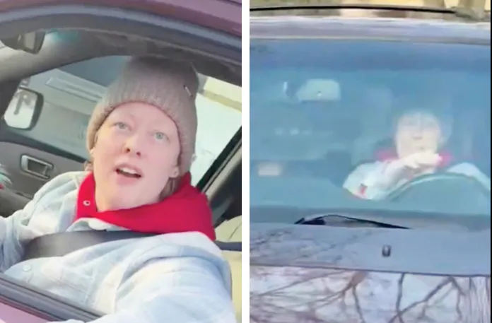 From video shot by ICE officer Jonathan Ross in Minneapolis, Jan. 7, 2026: at left, anti-ICE activist Renee Good refuses to follow commands; at right, Ross’s view from the front of Good’s car before being struck. (Associated Press)