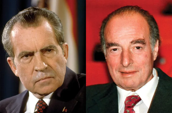 Left: President Richard Nixon in 1974 before he resigned and was pardoned by his White House successor, Gerald Ford; Right: Fugitive Marc Rich, whom President Bill Clinton pardoned in 2001 during his waning hours in office. (Dirck Halstead / Contributor / Getty Images; Guido Roeoesli / AP)