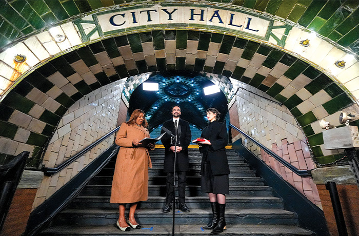 New York Attorney General Letitia James (left) administers the oath of office to mayor-elect Zohran Mamdani (center) as his wife Rama Duwaji looks on, Jan. 1, 2026, in New York. (Yuki Iwamura/AP)
