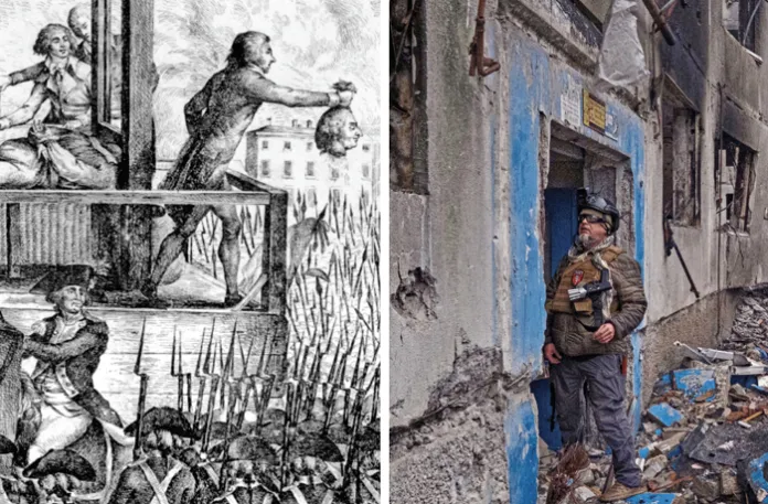 At left, a detail from an engraving of the beheading of France’s King Louis XVI during the Terror of 1793; at right, a Ukrainian soldier checks the skies for Russian drones in the heavily damaged Donetsk town of Kostyantynivka, Nov. 12, 2025. (left, Roger-Viollet/Getty; right, Iryna Rybakova/Ukraine’s 93rd Mechanized Brigade/AP)