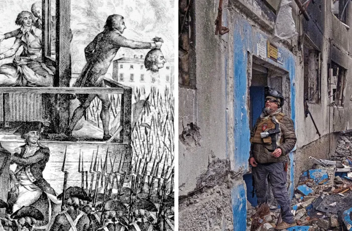 At left, a detail from an engraving of the beheading of France’s King Louis XVI during the Terror of 1793; at right, a Ukrainian soldier checks the skies for Russian drones in the heavily damaged Donetsk town of Kostyantynivka, Nov. 12, 2025. (left, Roger-Viollet/Getty; right, Iryna Rybakova/Ukraine’s 93rd Mechanized Brigade/AP)