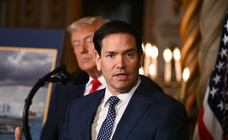 US Secretary of State Marco Rubio speaks about the US Navy's new Golden Fleet initiative, unveiling a new class of warships, at Mar-a-Lago in Palm Beach, Florida, on December 22, 2025. President Donald Trump on December 22 announced a new class of heavily armed warships that will be named after himself -- an honor usually reserved for US leaders who have left office. Two of the Trump-class ships will be built initially but that number could grow substantially in the future, according to the president, who said they will be 