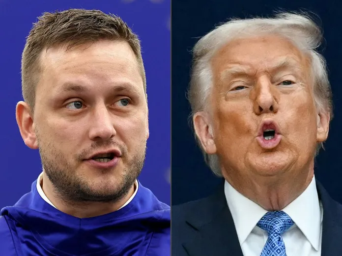 This combination of pictures created on January 06, 2026 shows Greenland's Head of Government Jens-Frederik Nielsen (L, at the European Parliament in Strasbourg, eastern France, on October 8, 2025) and US President Donald Trump (at the United States Institute of Peace in Washington, DC, on December 4, 2025). Greenland's prime minister on January 5, 2026 called for renewed talks with the US after President Donald Trump repeated that he wanted to annex the mineral-rich Arctic territory. "The situation is not such that the United States can conquer Greenland. That is not the case. Therefore, we must not panic. We must restore the good cooperation we once had," Jens-Frederik Nielsen said, adding "we must try to re-establish contact". (Photo by FREDERICK FLORIN and ANDREW CABALLERO-REYNOLDS / AFP via Getty Images)