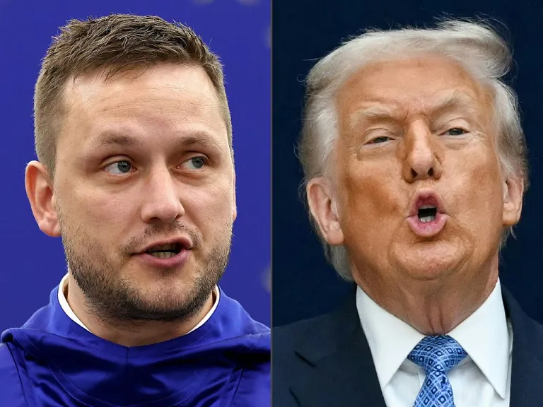 This combination of pictures created on January 06, 2026 shows Greenland's Head of Government Jens-Frederik Nielsen (L, at the European Parliament in Strasbourg, eastern France, on October 8, 2025) and US President Donald Trump (at the United States Institute of Peace in Washington, DC, on December 4, 2025). Greenland's prime minister on January 5, 2026 called for renewed talks with the US after President Donald Trump repeated that he wanted to annex the mineral-rich Arctic territory. 