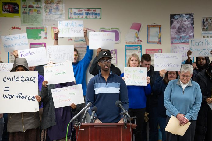 Nasrulah Mohamed, the manager of the daycare, speaks during a press conference at Nokomis Daycare Center in Minneapolis, Minn. on Wednesday, December 31, 2025. The daycare was broken into and vandalized around 3:00 a.m. Tuesday morning. The burglar stole sensitive employee and client documents as well. The break-in comes several days after a YouTube video by right-wing influencer Nick Shirley went viral; the video alleged that a group of day care centers operated by Somalis in Minneapolis has misappropriated “upwards of $100 million.” (Photo by Alex Kormann/The Minnesota Star Tribune via Getty Images)