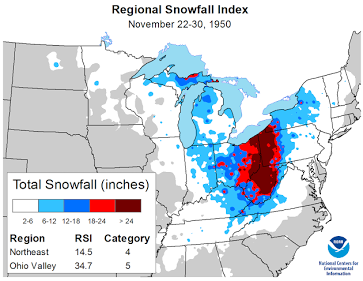 Regional snowfall index in the Northeast United States and Ohio Valley for Nov. 22-30, 1950. (NOAA)