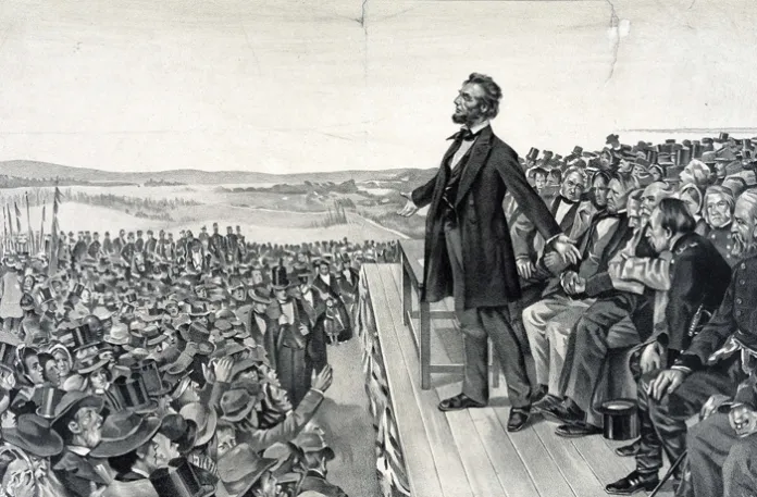 Abraham Lincoln making his famous address on 19 November 1863 at the dedication of the Soldiers' National Cemetery at Gettysburg on the site of the American Civil War battle with the greatest number of casualties. (Photo by Universal History Archive/Getty Images)