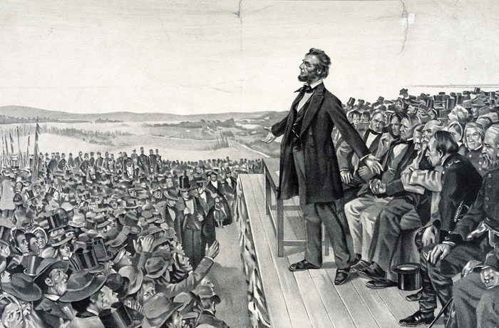 Abraham Lincoln making his famous address on 19 November 1863 at the dedication of the Soldiers' National Cemetery at Gettysburg on the site of the American Civil War battle with the greatest number of casualties. (Photo by Universal History Archive/Getty Images)