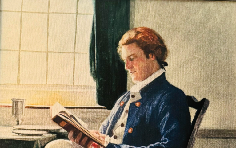 Oil painting by Pamela Patrick White of Thomas Jefferson reading in a tavern.