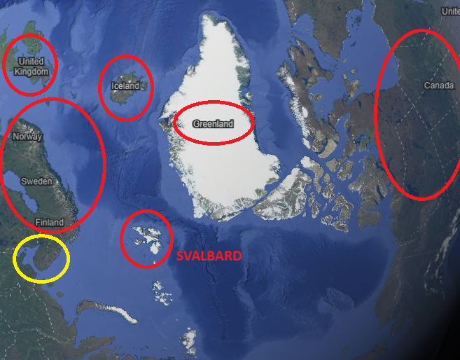 Map showing Svalbard, which is a Norwegian Arctic archipelago between mainland Norway and the North Pole. Circled in red are NATO territories and reveal the convenient distance between the archipelago that Trump seeks for energy and mineral resources.