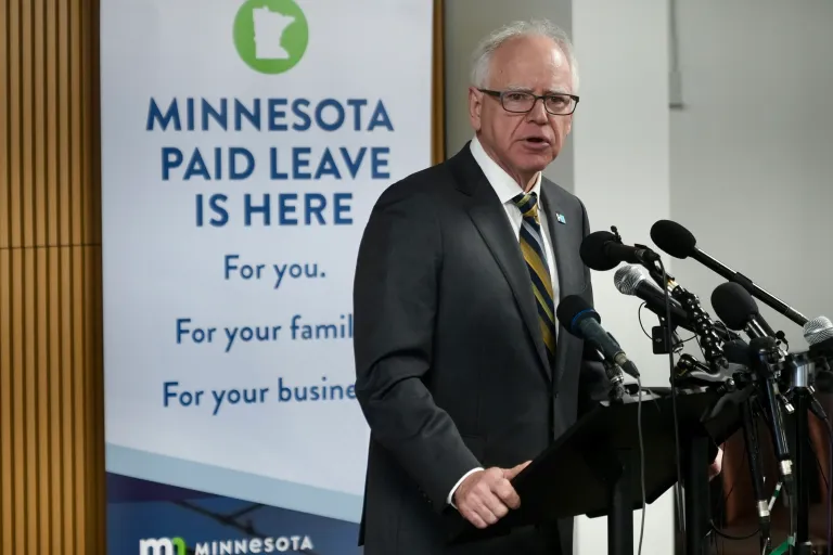 Gov. Tim Walz (D-MN) speaks at a press conference on the Minnesota paid leave program, days after its rollout.