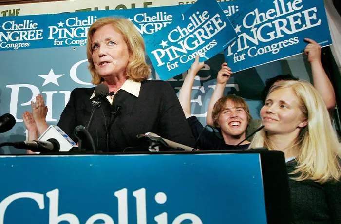Rep. Chellie Pingree (D-ME) talks to supporters in Portland, Maine on June 10, 2008. To her right is her daughter, Hannah Pingree. (Derek Davis/Portland Press Herald via Getty Images)
