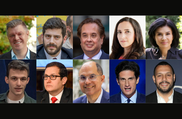 From top left to bottom right: Micah Bergdale, Alex Bores, George Conway, Laura Dunn, Jami Floyd, Cameron Kasky, Micah Lasher, Alan Pardee, Jack Schlossberg, Mathew Shurka (Associated Press; Newscom; campaign photos)