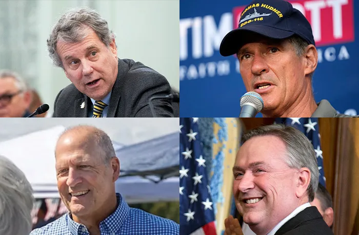 From top left to bottom right: Former Sen. Sherrod Brown, Former Sen. John E. Sununu, Former Sen. Scott Brown, Former Rep. Steve Stockman (AP Photos; Sununu campaign photo)
