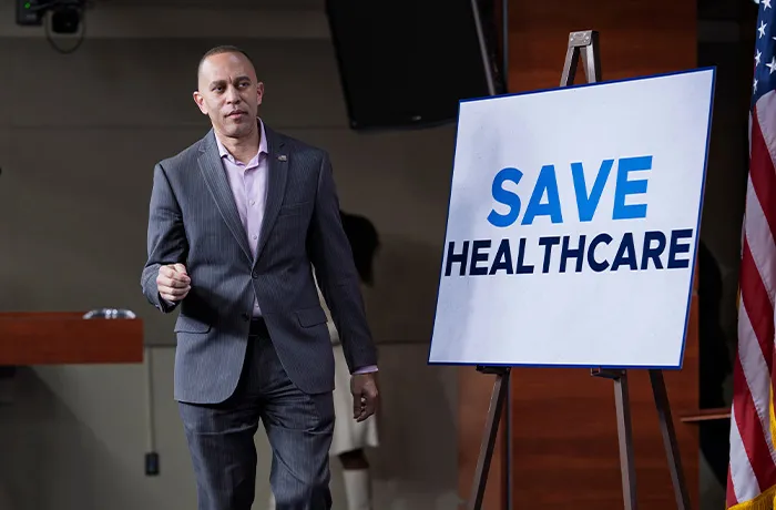 House Minority Leader Hakeem Jeffries (D-NY) arrives for a news conference at the Capitol in Washington, Monday, Jan. 12, 2026. (J. Scott Applewhite/AP)
