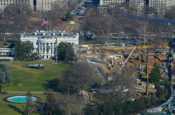 Marine One helicopter is seen on the South Lawn of the White House to transport President Donald Trump to nearby Andrews Air Force Base, as work continues on the construction of the ballroom at the White House, Tuesday, Jan., 13, 2026, in Washington, where the East Wing once stood. (Pablo Martinez Monsivais/AP)
