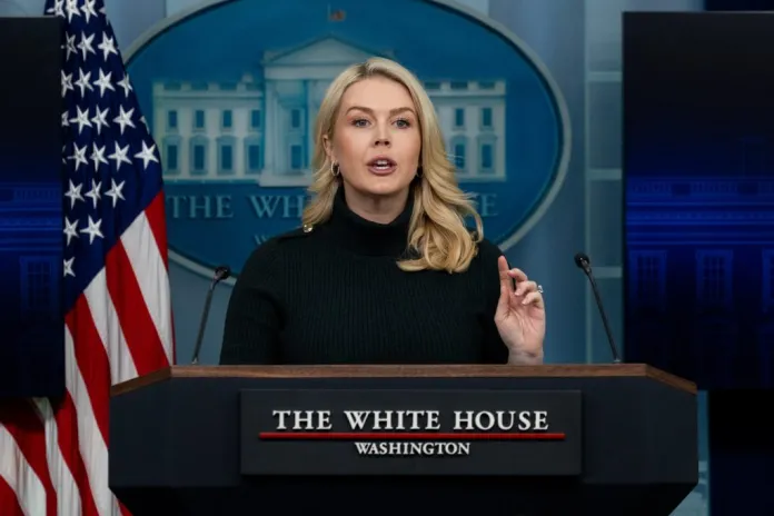 White House press secretary Karoline Leavitt speaks with reporters in the James Brady Press Briefing Room at the White House.