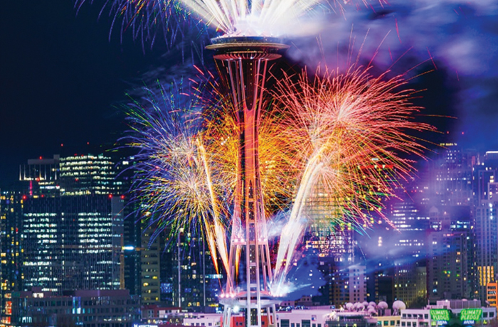 Light, fireworks and drone shows ring the new year at Seattle’s Space Needle. (Courtesy of the Space Needle via instagram)