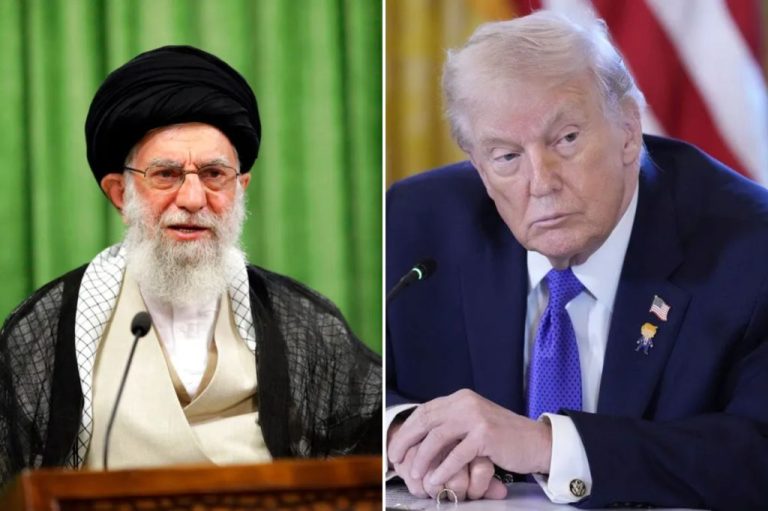 Collage of Ayatollah Ali Khamenei, left, and President Donald Trump, right