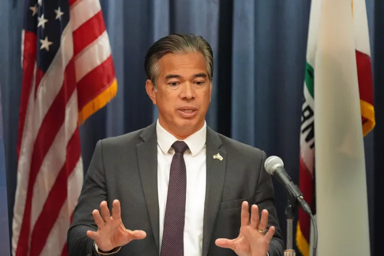 California Attorney General Rob Bonta speaks at a press conference.