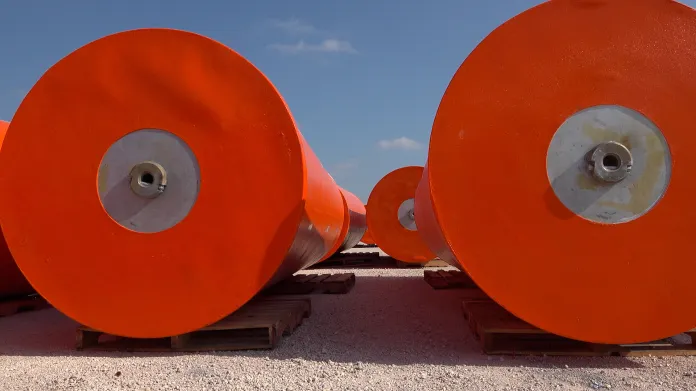 Cylinder-style buoys installed in the Rio Grande by the Trump administration.