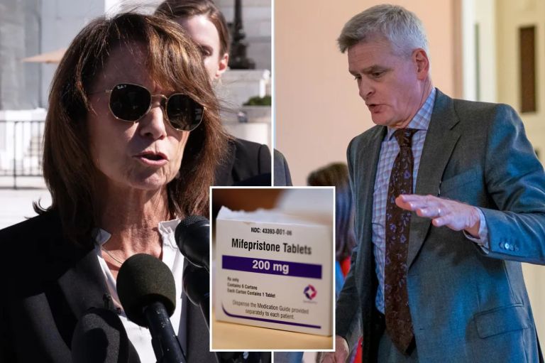 A collage of Louisiana Attorney General Liz Murrill talks to reporters, Sen. Bill Cassidy (R-LA) emerges from a GOP meeting, and a mifepristone tablet package.
