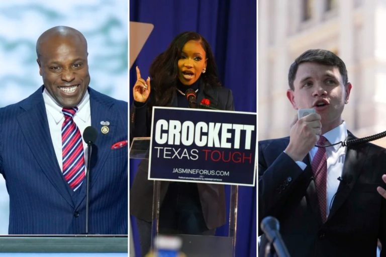 Three panel collage of Reps. Wesley Hunt (R-TX), left, Jasmine Crockett (D-TX), middle, and state Rep. James Talarico, right.