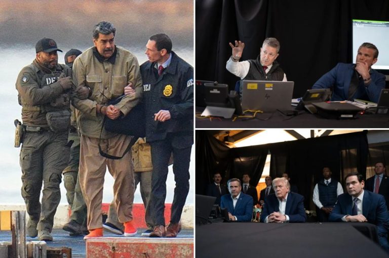 Left picture: Nicolas Maduro is seen in handcuffs after landing at a Manhattan helipad, escorted by heavily armed Federal agents as they make their way into an armored car en route to a Federal courthouse in Manhattan on January 5, 2026 in New York City. (Photo by XNY/Star Max/GC Images)