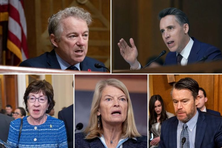 Sens. Rand Paul (R-KY), upper left, Josh Hawley (R-MO), upper right, Susan Collins (R-ME), lower left, Lisa Murkowski (R-AK), lower middle, and Todd Young (R-IN), lower right.