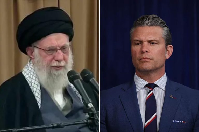 Collage of Iran’s Ayatollah Khamenei, left, and Secretary of War Pete Hegseth, right.