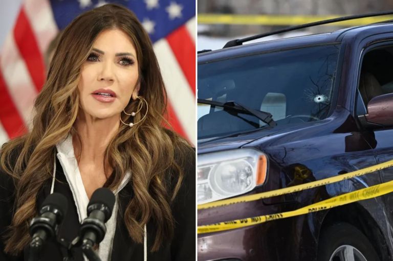 Kristi Noem and a bullet hole in the window of a car after an ICE shooting in Minneapolis 