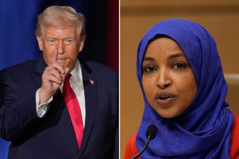 President Donald Trump and Rep. Ilhan Omar (D-MN) speak at their respective events. (AP Photo/Charlie Neibergall)