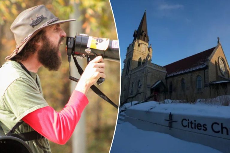 A collage of William Kelly screaming through a megaphone at a protest and a St. Paul, Minnesota, church.