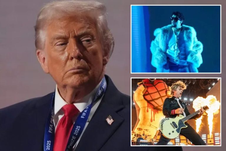 Collage with Trump, left, Bad Bunny in blue lighting with a huge fur coat while performing during the iHeartRadio Music Awards, top right square, and Billie Joe Armstrong of Green Day, bottom right.