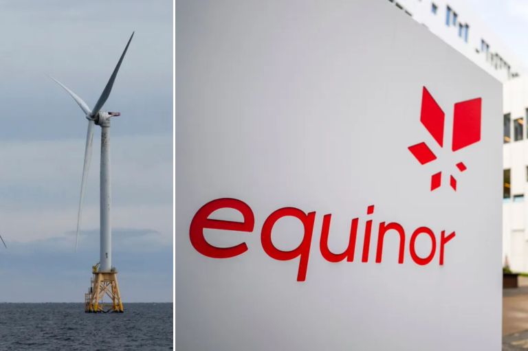 A collage of a wind turbine in the ocean and a sign for the company Equinor.