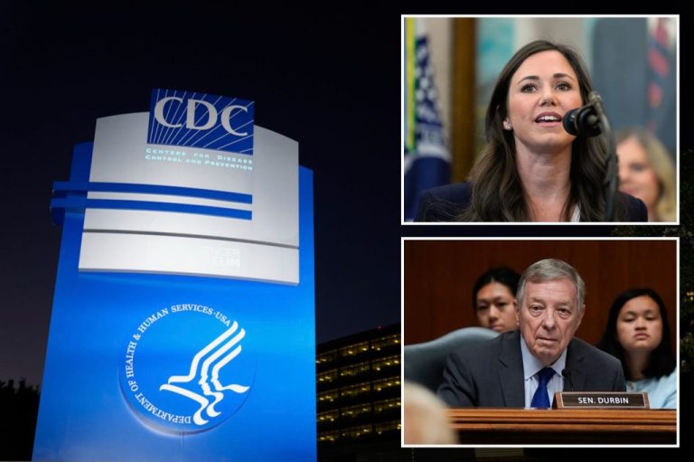 Left, placard of CDC sign in collage with Sens. Katie Britt (R-AL), top right, and Dick Durbin (D-IL), pictured, bottom, are leading a bipartisan group of senators in urging the CDC to study the harmful effects of youth sports gambling.