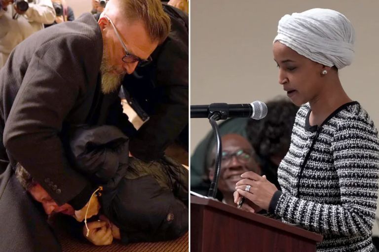 A collage of a man being tackled after spraying Rep. Ilhan Omar (D-MN), right, with an unknown substance.