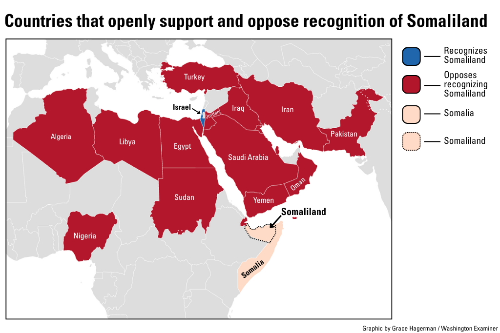 A graphic displaying the surrounding countries that support and oppose the recognition of Somaliland. (Grace Hagerman/Washington Examiner)