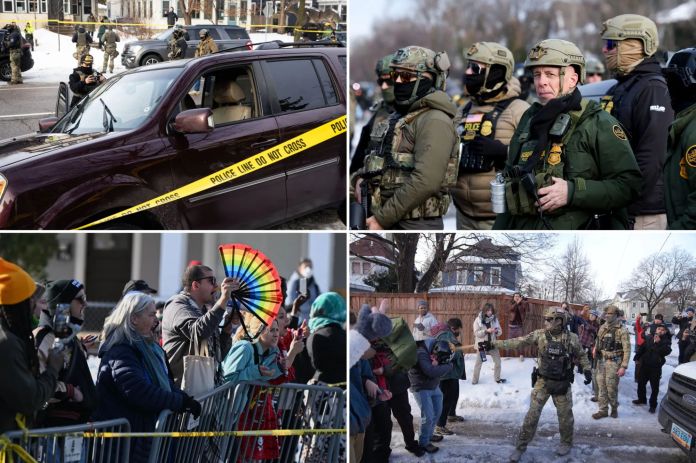 A collage featuring images surrounding the shooting of a civilian by an ICE officer in Minneapolis, Wednesday, January 7th.  The images shows the car driven by the dead civilian with a bullet hole visible, Border Patrol chief Greg Bovino, protestors against ICE, and a federal law enforcement officer spraying protestors.