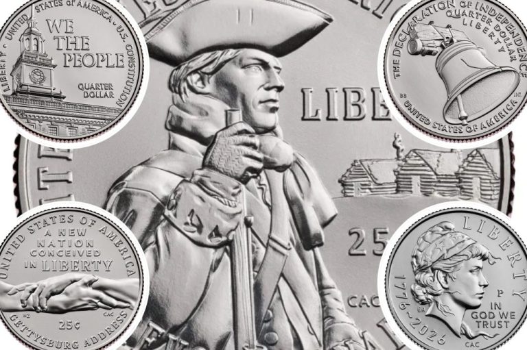 Collage of new coin designs for America's 250th anniversary.