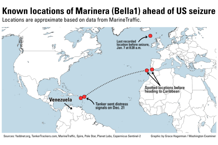 Map of North America, Venezuela, part of Africa and Europe that indicates known locations of oil tanker Marinera (Bella1) ahead of U.S. seizure