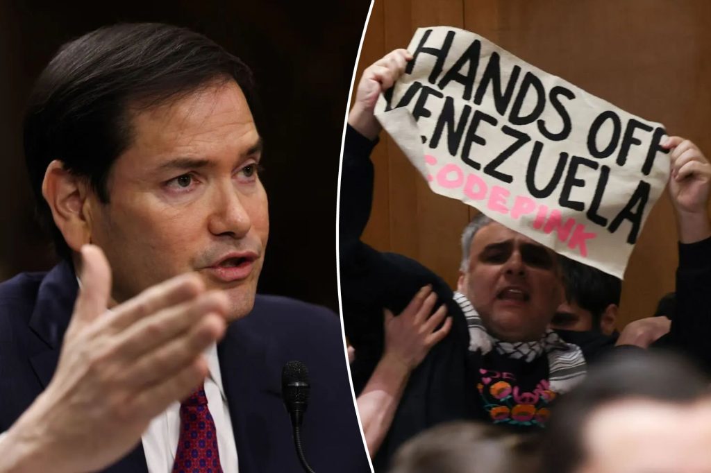 Protester calls secretary of state ‘Narco Rubio’ during Senate hearing