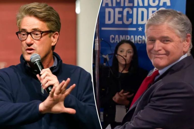 Joe Scarborough, left, takes questions from an audience, and Sean Hannity, right, speaks to then-Republican Vice Presidential nominee JD Vance on Fox News Channel in the spin room.